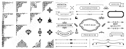 Vintage Decorative Elements Set: Victorian Corners, Ornate Dividers, and Retro Labels