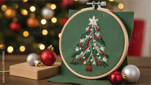 embroidered christmas tree design on green fabric in wooden hoop with ornaments