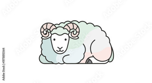 Cute white ram with curly horns.