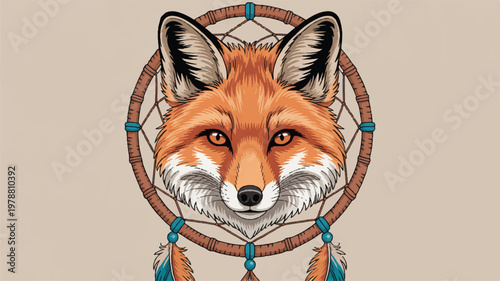 dreamcatcher with fox head and feathers on beige background