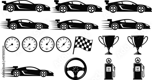 Race Car Icon Set Featuring Speedometers, Checkered Flags, Trophies, Steering Wheels, and Fuel Pumps for Motorsport and Racing Designs