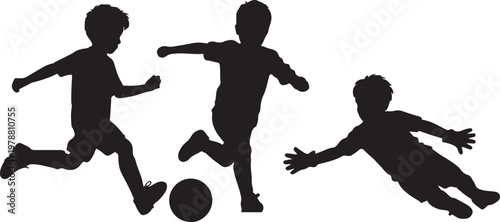 a group of children playing soccer silhouette vector illustration with out background