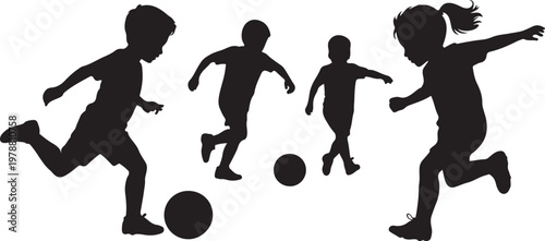 a group of children playing soccer silhouette vector illustration with out background