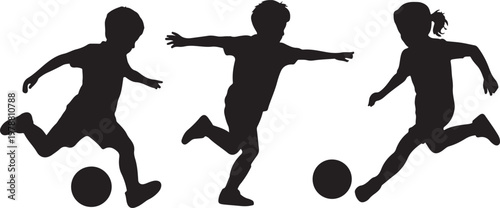 a group of children playing soccer silhouette vector illustration with out background
