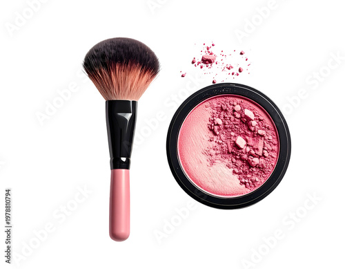 Pink powder blush and fluffy brush on white