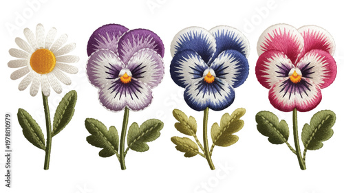 embroidered flowers including daisy and pansies with green leaves