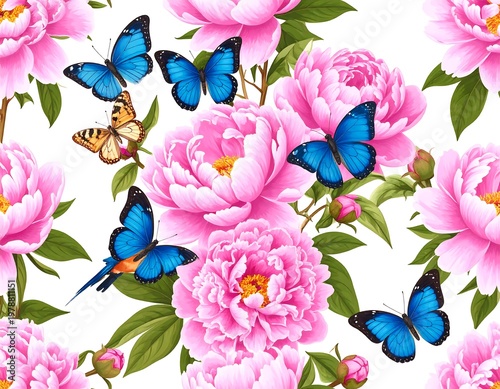 Beautiful Pink Peonies and Blue Butterflies Floral Pattern.