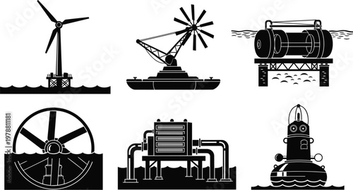 Offshore Renewable Energy Vector Set Featuring Wind Turbines, Marine Energy Devices, and Ocean Power Technology for Environmental and Sustainable Energy Designs