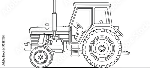 Hand-Drawn Line Art Illustration of a Tractor, Side View, for Agricultural and Farming Equipment Designs