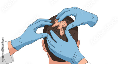 Meticulous medical examination of a severe alopecia condition on a human scalp is performed by specialists wearing sterile blue medical protective gloves.