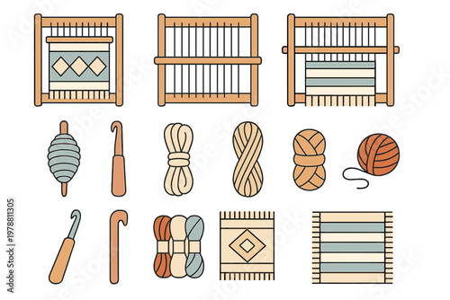 Weaving and knitting tools set with looms, yarn balls, crochet hooks, and textile crafts