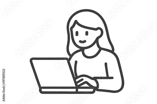 Smiling woman working on a laptop computer at a desk in minimalist line art style