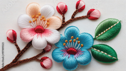 embroidered flowers on a branch with leaves and buds on white background