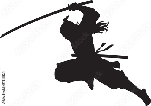 The black  of a samurai flying into battle in an epic leap, he prepares to deliver a crushing attack with his katana. silhouette vector illustration with out background