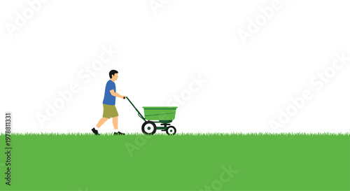 A diligent gardener pushes a green mechanical fertilizer spreader across a vibrant and perfectly manicured lawn under a bright and clear plain white sky.