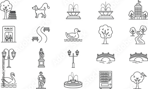 Black-and-White Park and City Icons Set Featuring Trees, Fountains, Statues, Ducks, and Benches for Urban and Public Space Design
