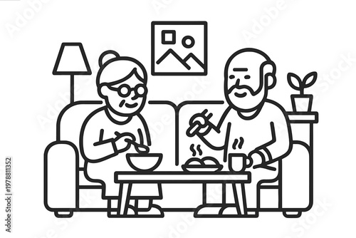 Senior couple eating dinner together while sitting on a sofa in a cozy living room