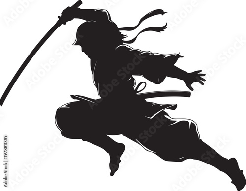 The black  of a samurai flying into battle in an epic leap, he prepares to deliver a crushing attack with his katana. silhouette vector illustration with out background