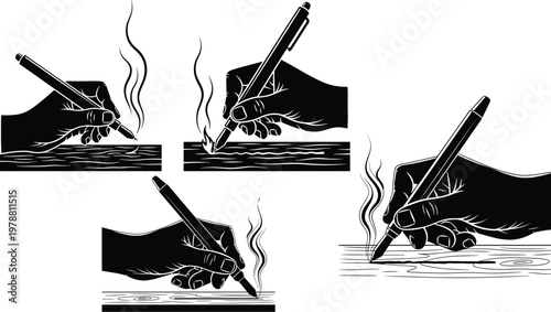 Set of 4 Black and White Vector Illustrations of a Hand Holding a Pen and Drawing Lines with Steam Rising from the Pen on Wood Surface