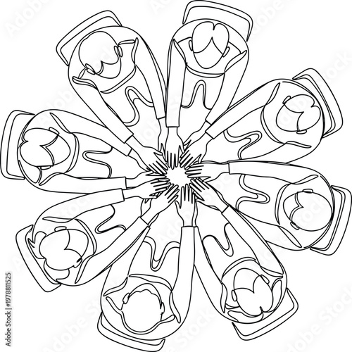 Collaborative Teamwork Illustration with Hands in Circle, Symbolizing Unity and Cooperation for Business and Team Building Designs