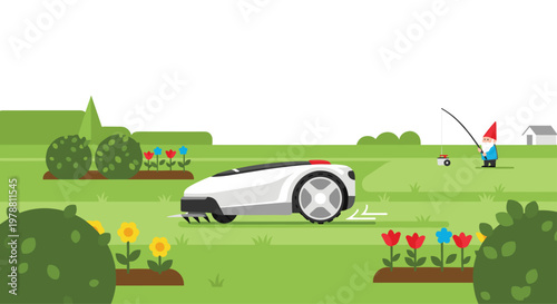 An advanced white robotic lawnmower autonomously navigates a beautifully landscaped garden featuring colorful flower beds and a whimsical fishing gnome statue.