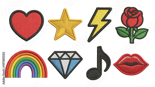 Embroidered patch set with heart star lightning rose rainbow diamond music note lips