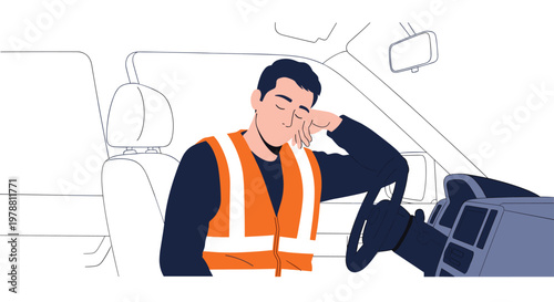 A fatigued male worker wearing a vibrant orange safety vest leans his head against his hand while resting inside the cabin of a modern white vehicle now.