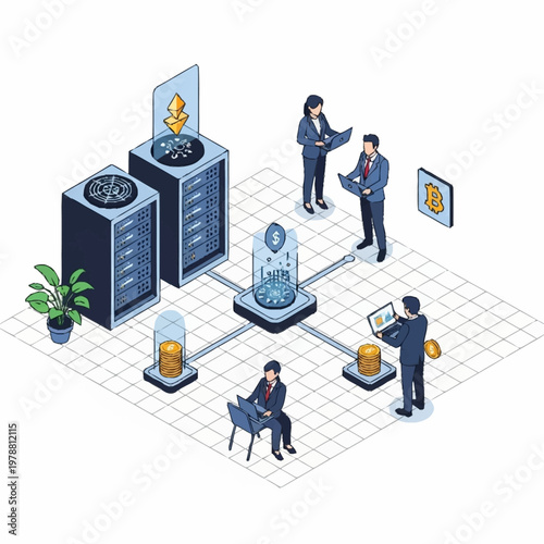 Cryptocurrency Mining Farm with People Working on Computers.