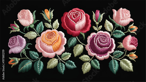 embroidered roses and leaves on fabric  colorful floral pattern