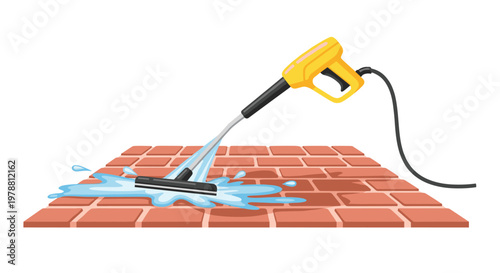 A bright yellow high-pressure washer wand directs a powerful stream of water onto a red brick patio surface to effectively remove dirt and grime today.