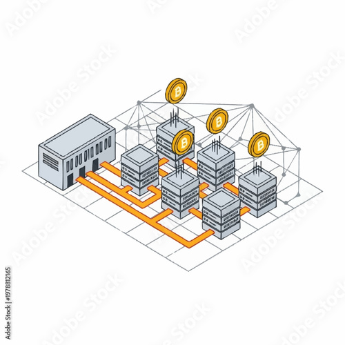 Digital currency mining farm with servers and coins.