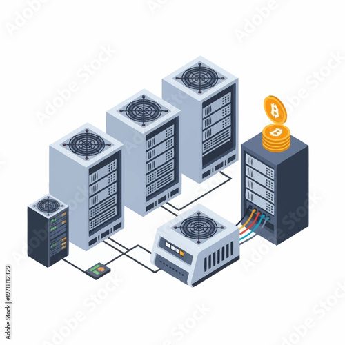Cryptocurrency Mining Rigs with Bitcoin Symbol.