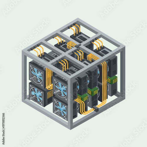 Isometric view of a cryptocurrency mining rig with multiple GPUs and fans.