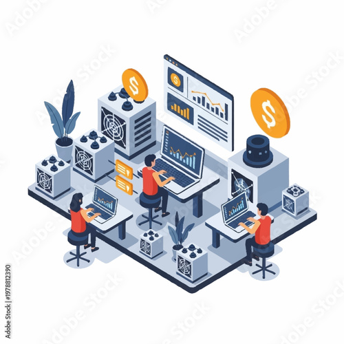 Cryptocurrency Mining Operation with People and Technology.