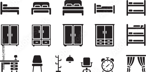 Collection of various bedroom furniture and decor icons in simple line art style