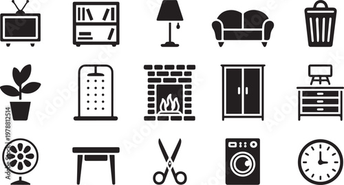 Collection of icons representing common household and living room items