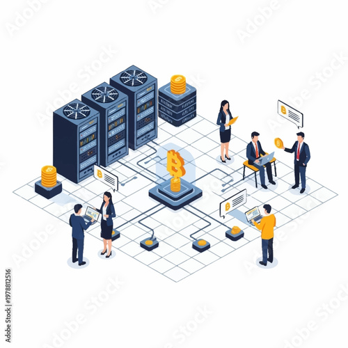 Business people working with servers and cryptocurrency network.