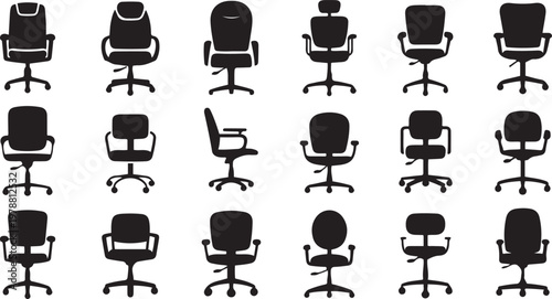 Collection of diverse office chairs in black color from various angles
