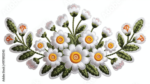 embroidery design of white daisies with green leaves on transparent background