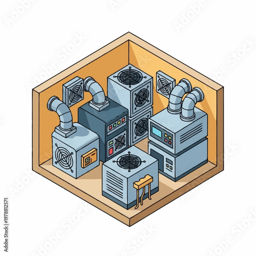 Multiple computer power supply units stacked inside a wooden box.