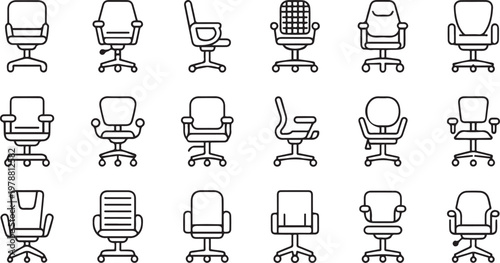 Collection of diverse office chair designs with various ergonomic and stylistic features