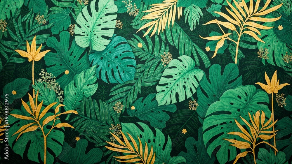 Fototapeta premium Golden Monstera Jungle Luxury Wallpaper Pattern