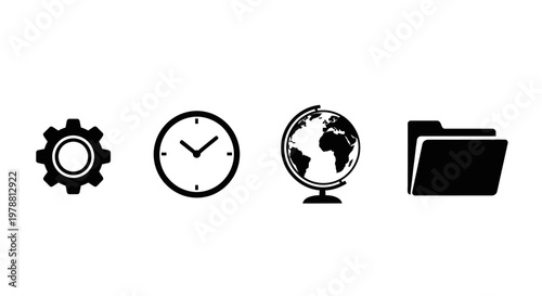 Black icons representing technology time and global information silhouette