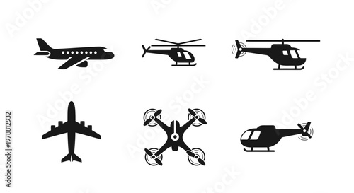 Various aircraft types displayed in a minimalist black silhouette