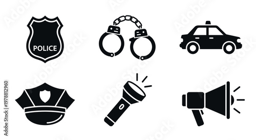 Law enforcement icons depicting police work tools and vehicles silhouette