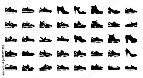 Assorted footwear collection depicted in a striking black silhouette