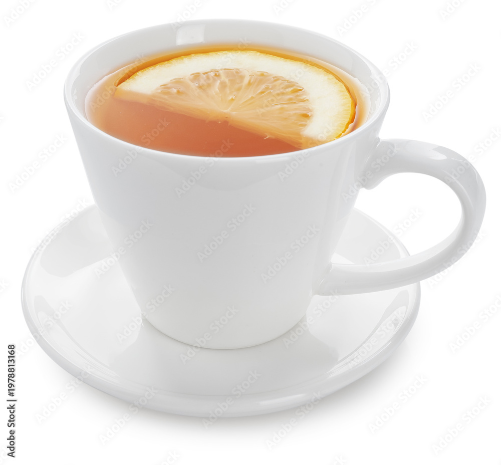 Naklejka premium Hot tea in cup with lemon isolated on white
