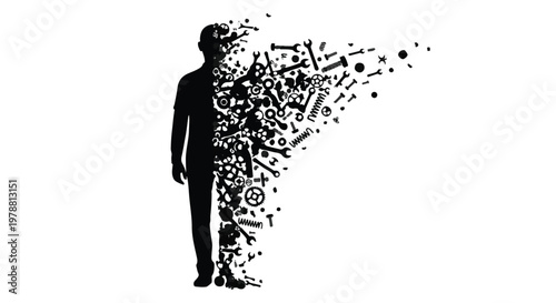 man silhouette disintegrating into particles and gears
