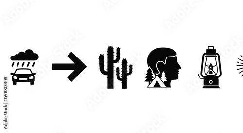 A visual sequence depicting a journey from car travel through desert landscapes to camping and exploration