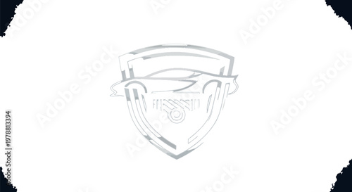 Metallic automotive shield emblem featuring a sleek sports car silhouette rendered in a polished silver finish for modern branding designs on a dark textured surface